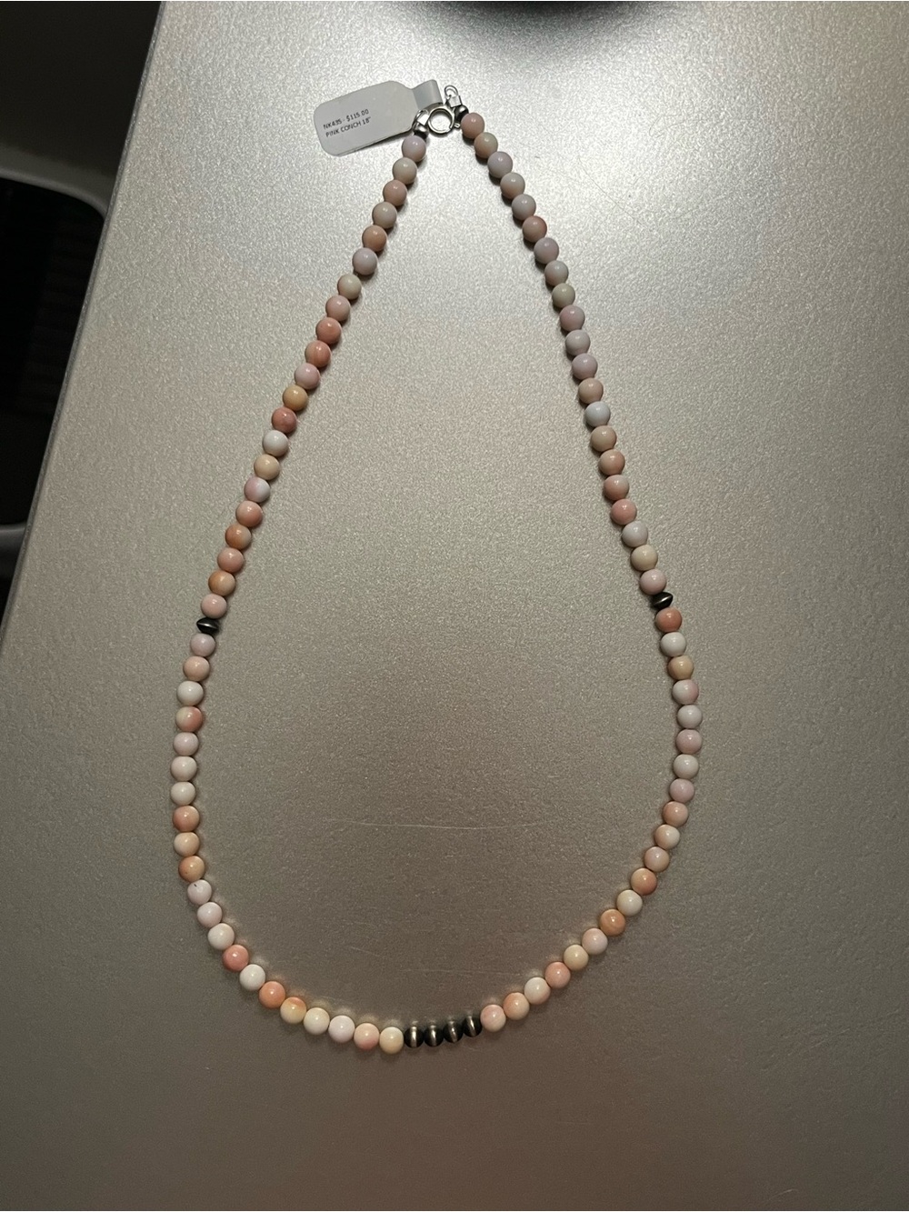 Pink Conch Beaded Necklace Sterling Silver Pearls - Southwestern Style 18 Inch